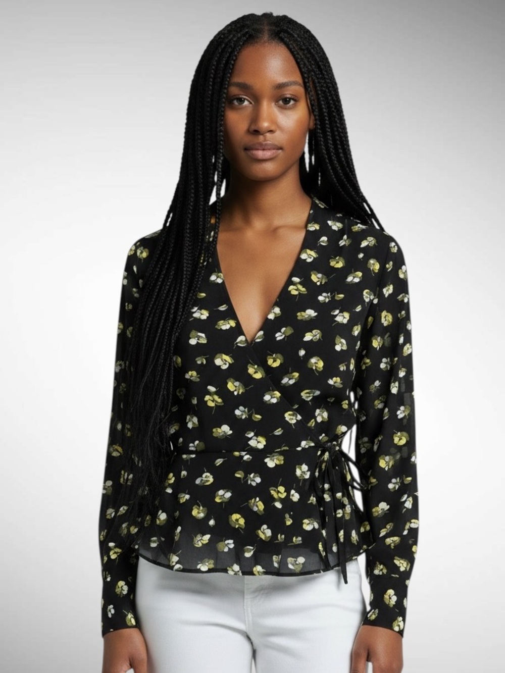 NWT Banana Republic Black and Yellow Floral Print Wrap Peplum Blouse